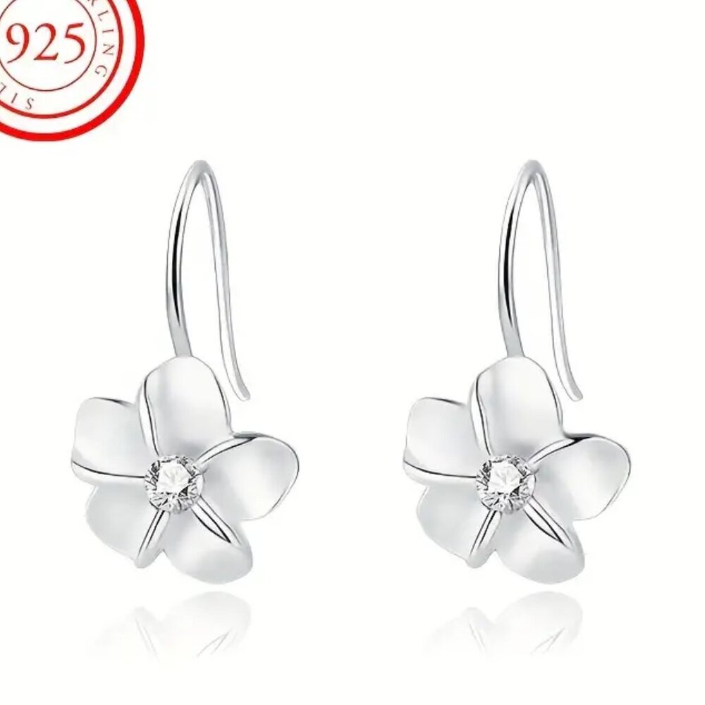 LNEW S925 Sterling Silver Cute Flower Hook Earrings 18K Plated Earrings